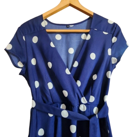 Womens M Clowncore Blue White Polka Dot Short Sleeve V-Neck Coquette Midi Dress - Picture 3 of 6